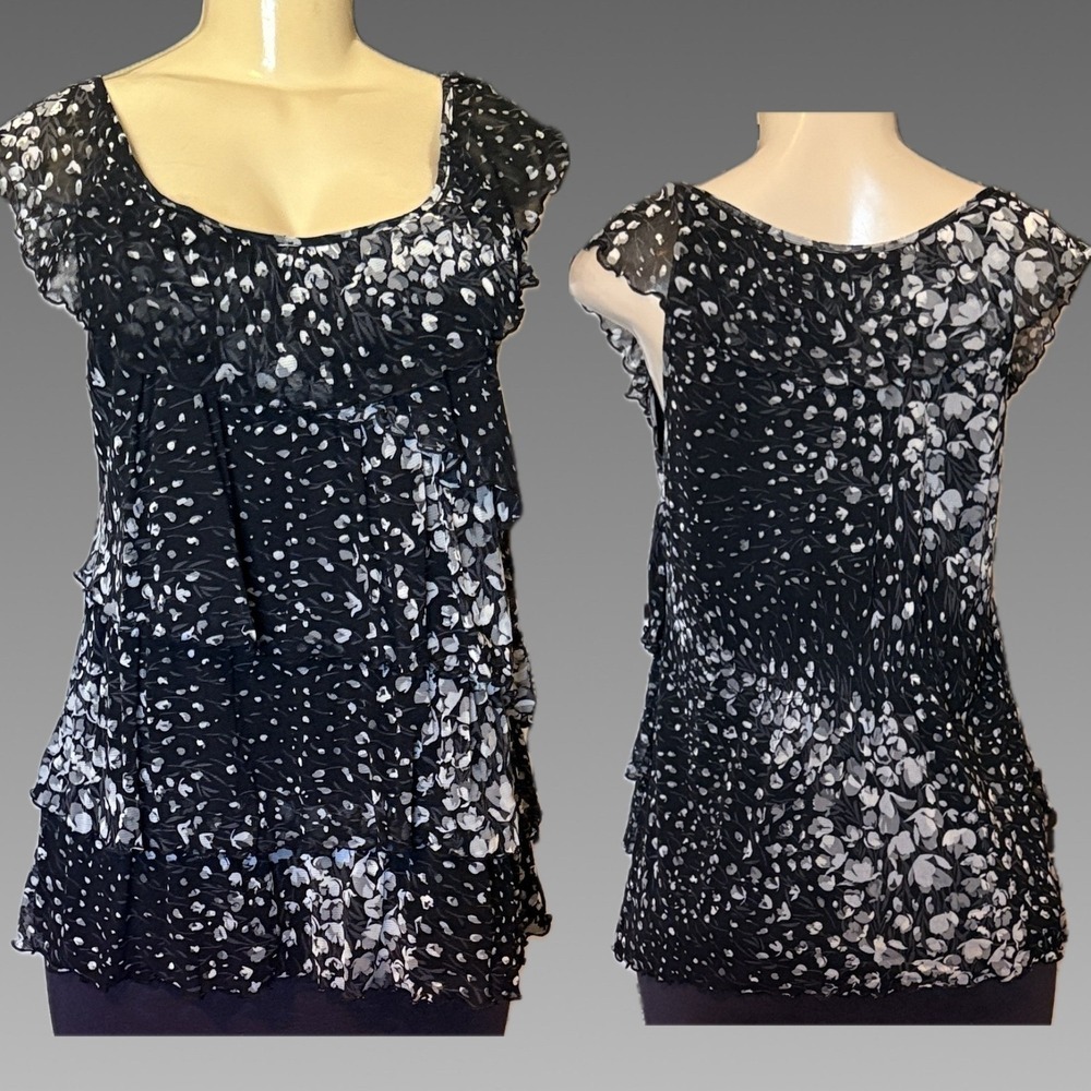 Apt 9  L Black Gray Floral Ruffle Layers Mesh Lined Sleeveless Blouse Scoop Neck